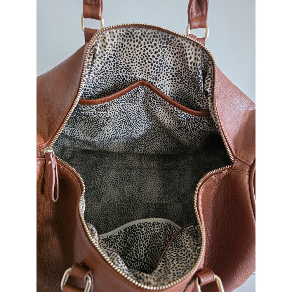 Sole Society Cassi Cognac Brown Vegan Leather Weekender Duffel Bag Leopard Lined - Picture 13 of 13